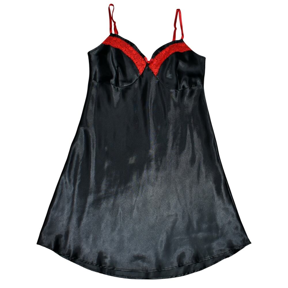 Vintage Satin Slip Dress Medium Chemise Black Red Lace Goth Y2K Grunge Coquette